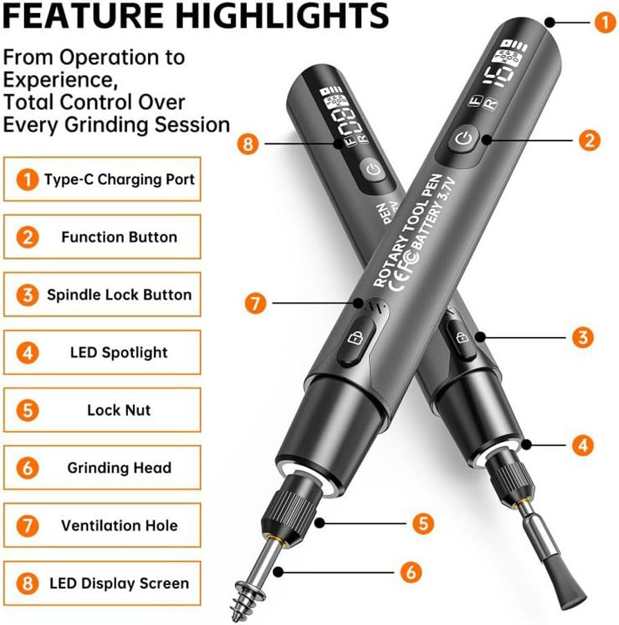 Mini Rotary Tool Kit – Powerful Cordless Engraving & Polishing Tool with LED Light, Digital Display & Adjustable Speeds