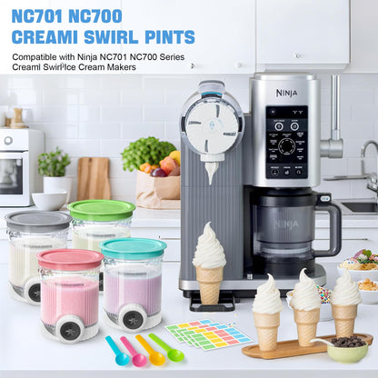 4-Pack Creami Swirl Pints with Lids – Compatible with Ninja NC700 Ice Cream & Soft Serve Makers | Includes Spoons & Reusable Labels