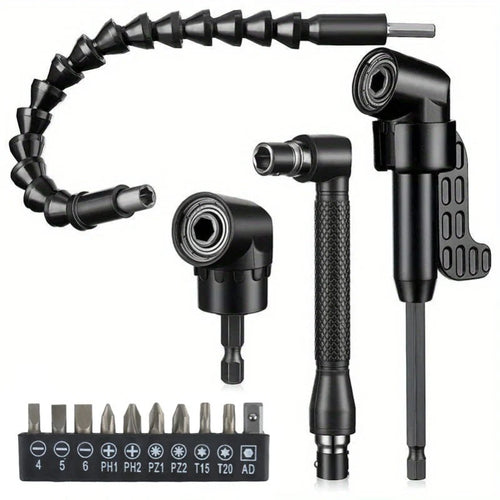 17-Piece Flexible Drill Bit Extension & Right Angle Driver Set – 1/4" Hex Shank Make Tight-Space Drilling Easier