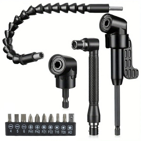 17-Piece Flexible Drill Bit Extension & Right Angle Driver Set – 1/4" Hex Shank Make Tight-Space Drilling Easier