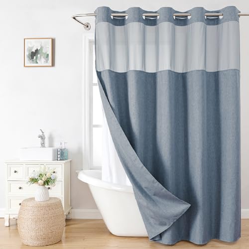 No-Hook Shower Curtain Set – Easy Install Waffle Fabric Curtain with Snap-In Waterproof Liner & Viewing Window