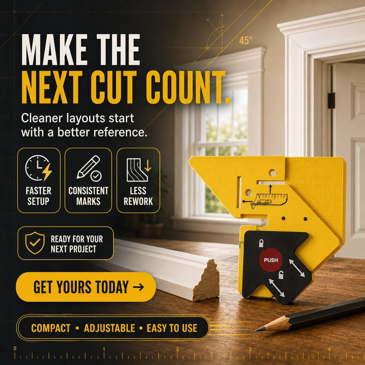 📍📐 Adjustable 45° Trim Marking & Measuring Tool – Fast Door & Window Casing Layout