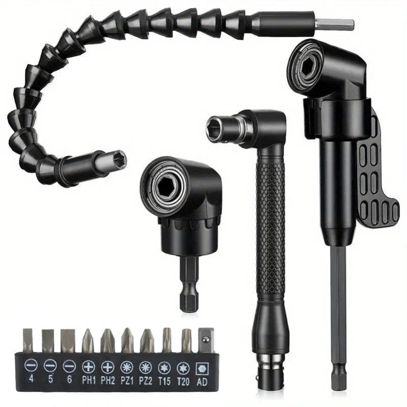 17-Piece Flexible Drill Bit Extension & Right Angle Driver Set – 1/4" Hex Shank Make Tight-Space Drilling Easier