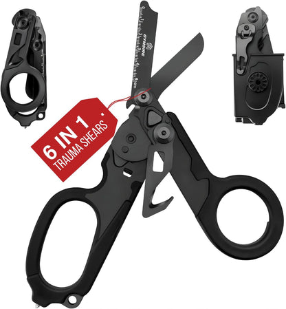 Tactical 6-in-1 Trauma Shears – Heavy Duty Foldable Emergency Scissors with Holster & Strap Cutter | Stainless Steel Survival Medical Shears