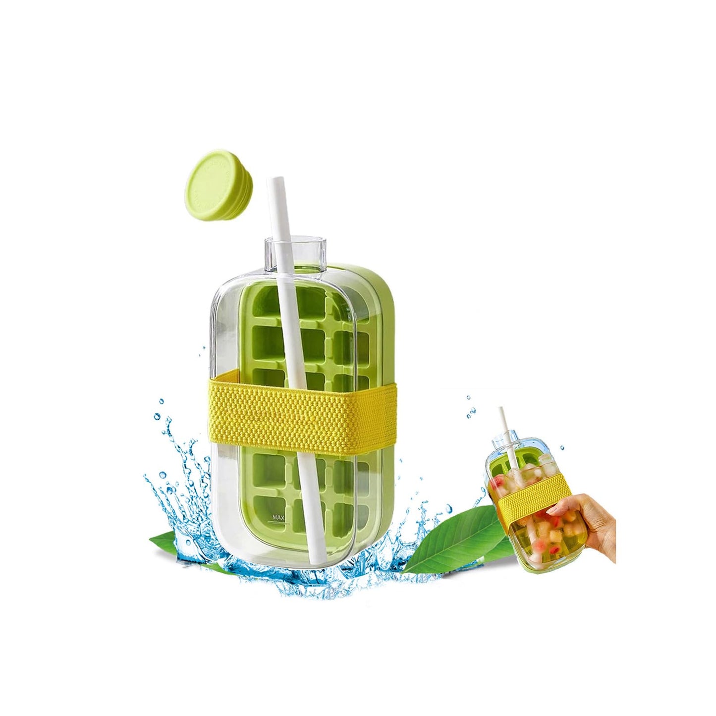 2-in-1 Ice Cube Bottle with Straw - Easy Press Ice Tray Water Bottle, Leak Proof Lid, Vertical Ice Maker for Freezer, Travel, Gym & Home Use