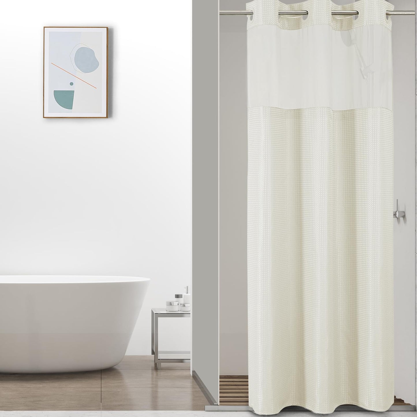 No-Hook Shower Curtain Set – Easy Install Waffle Fabric Curtain with Snap-In Waterproof Liner & Viewing Window