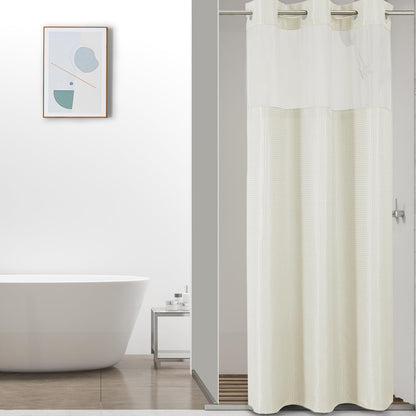 No-Hook Shower Curtain Set – Easy Install Waffle Fabric Curtain with Snap-In Waterproof Liner & Viewing Window
