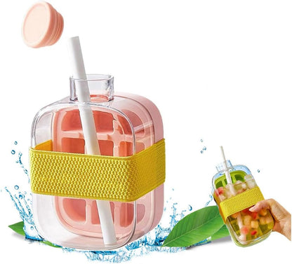 2-in-1 Ice Cube Bottle with Straw - Easy Press Ice Tray Water Bottle, Leak Proof Lid, Vertical Ice Maker for Freezer, Travel, Gym & Home Use