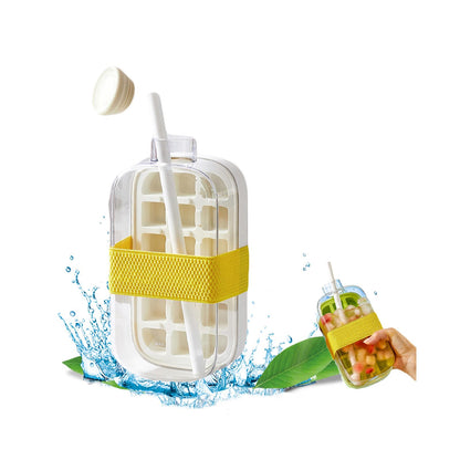 2-in-1 Ice Cube Bottle with Straw - Easy Press Ice Tray Water Bottle, Leak Proof Lid, Vertical Ice Maker for Freezer, Travel, Gym & Home Use