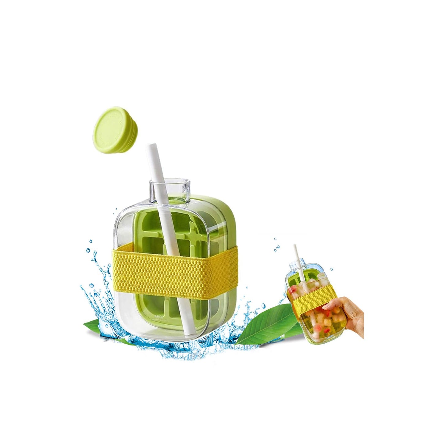 2-in-1 Ice Cube Bottle with Straw - Easy Press Ice Tray Water Bottle, Leak Proof Lid, Vertical Ice Maker for Freezer, Travel, Gym & Home Use