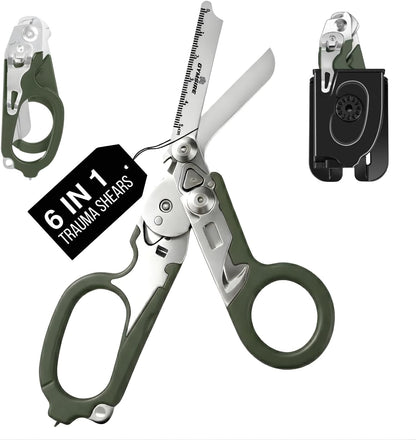 Tactical 6-in-1 Trauma Shears – Heavy Duty Foldable Emergency Scissors with Holster & Strap Cutter | Stainless Steel Survival Medical Shears