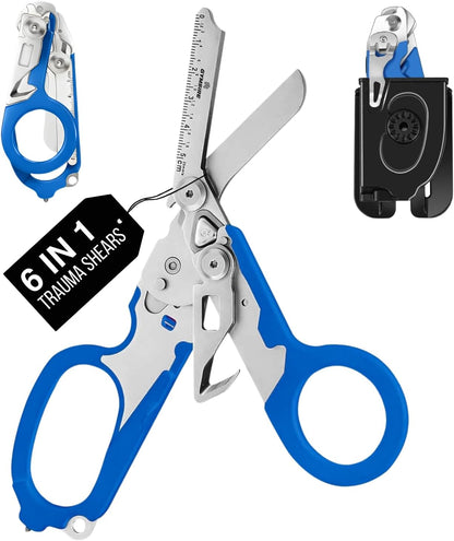 Tactical 6-in-1 Trauma Shears – Heavy Duty Foldable Emergency Scissors with Holster & Strap Cutter | Stainless Steel Survival Medical Shears