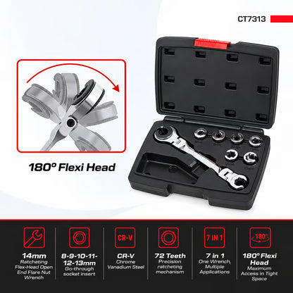 🔥HOT SALE🔥🔧 7-in-1 Ratcheting Flare Nut Wrench Set | 8-14mm Metric Line Wrench