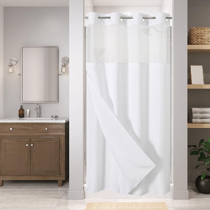 No-Hook Shower Curtain Set – Easy Install Waffle Fabric Curtain with Snap-In Waterproof Liner & Viewing Window