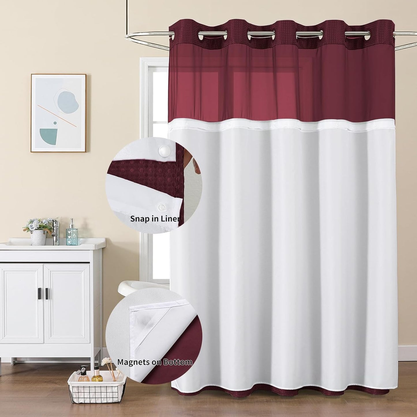 No-Hook Shower Curtain Set – Easy Install Waffle Fabric Curtain with Snap-In Waterproof Liner & Viewing Window