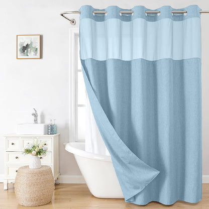 No-Hook Shower Curtain Set – Easy Install Waffle Fabric Curtain with Snap-In Waterproof Liner & Viewing Window