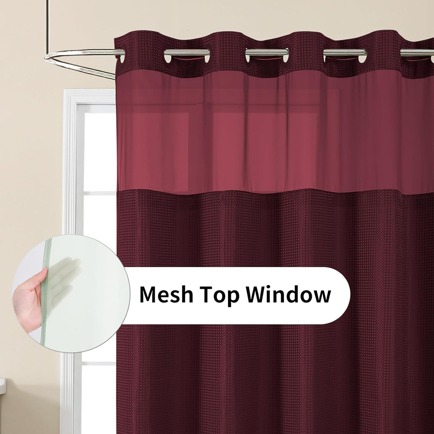 No-Hook Shower Curtain Set – Easy Install Waffle Fabric Curtain with Snap-In Waterproof Liner & Viewing Window