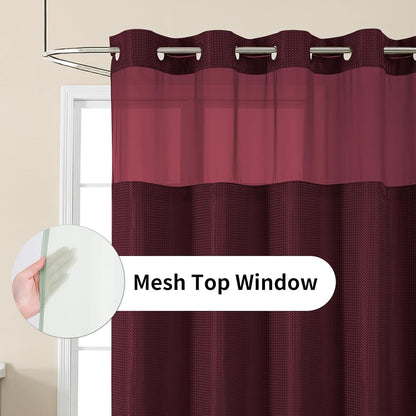 No-Hook Shower Curtain Set – Easy Install Waffle Fabric Curtain with Snap-In Waterproof Liner & Viewing Window