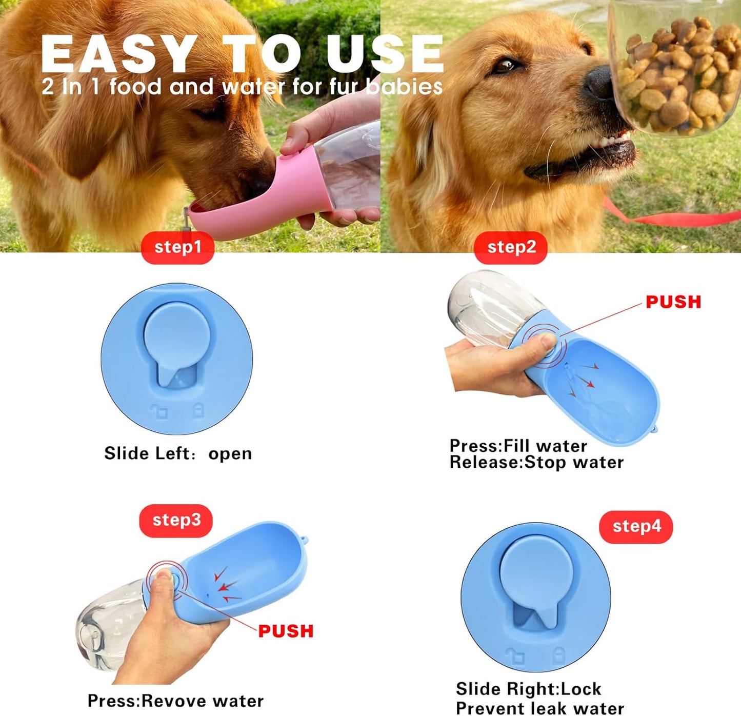 3-in-1 Dog Water Bottle – Portable Pet Water Dispenser with Food Container & Waste Bags for Walking, Hiking & Travel