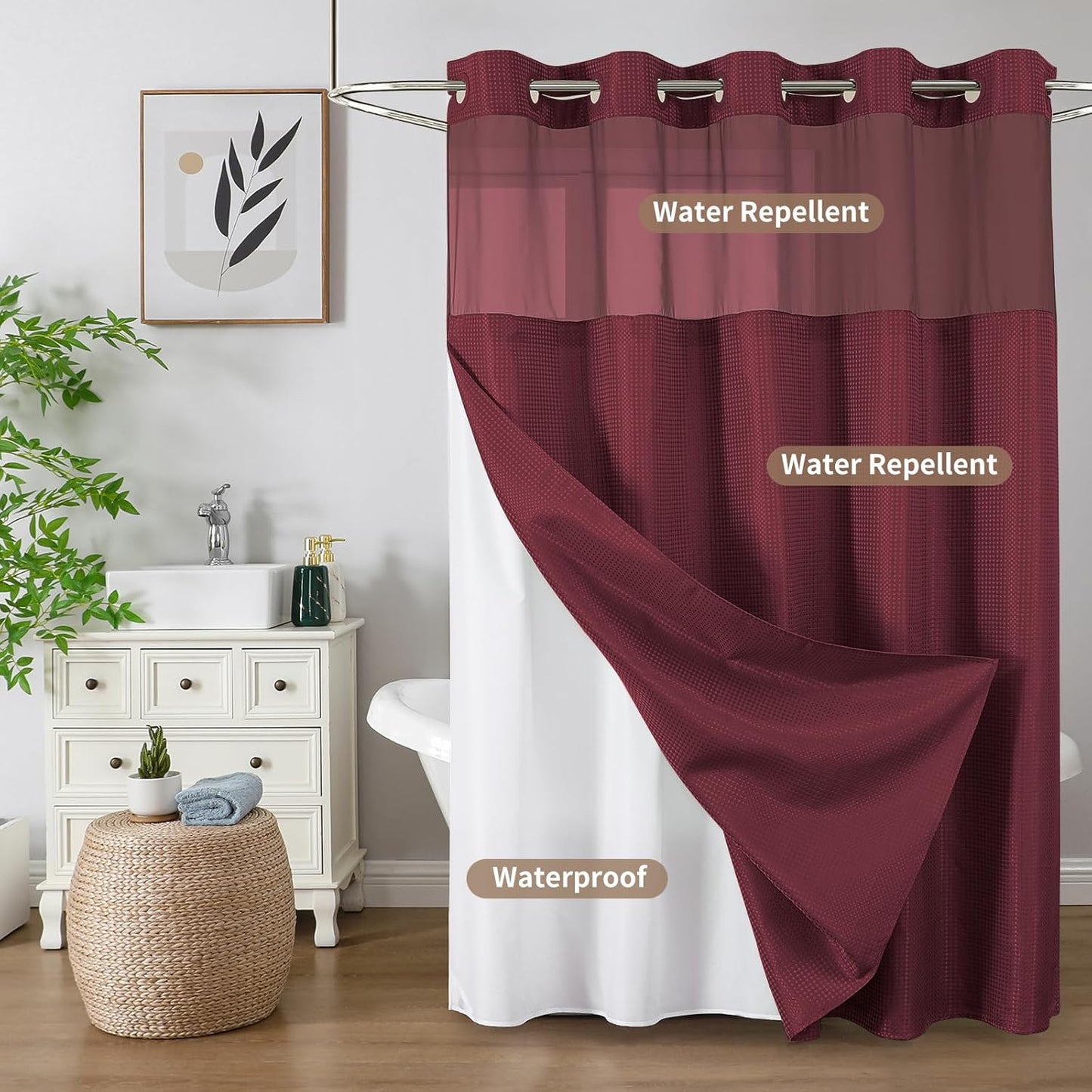 No-Hook Shower Curtain Set – Easy Install Waffle Fabric Curtain with Snap-In Waterproof Liner & Viewing Window