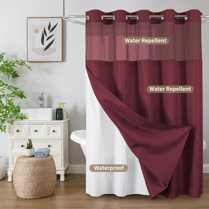 No-Hook Shower Curtain Set – Easy Install Waffle Fabric Curtain with Snap-In Waterproof Liner & Viewing Window