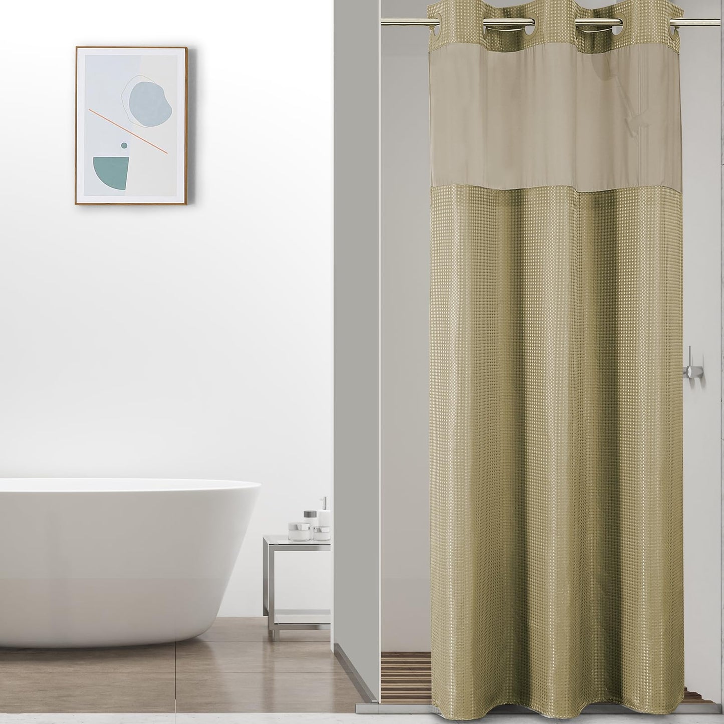 No-Hook Shower Curtain Set – Easy Install Waffle Fabric Curtain with Snap-In Waterproof Liner & Viewing Window