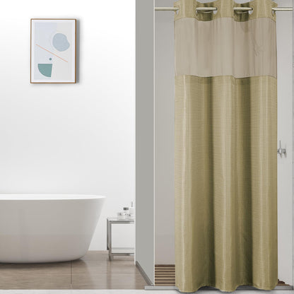 No-Hook Shower Curtain Set – Easy Install Waffle Fabric Curtain with Snap-In Waterproof Liner & Viewing Window