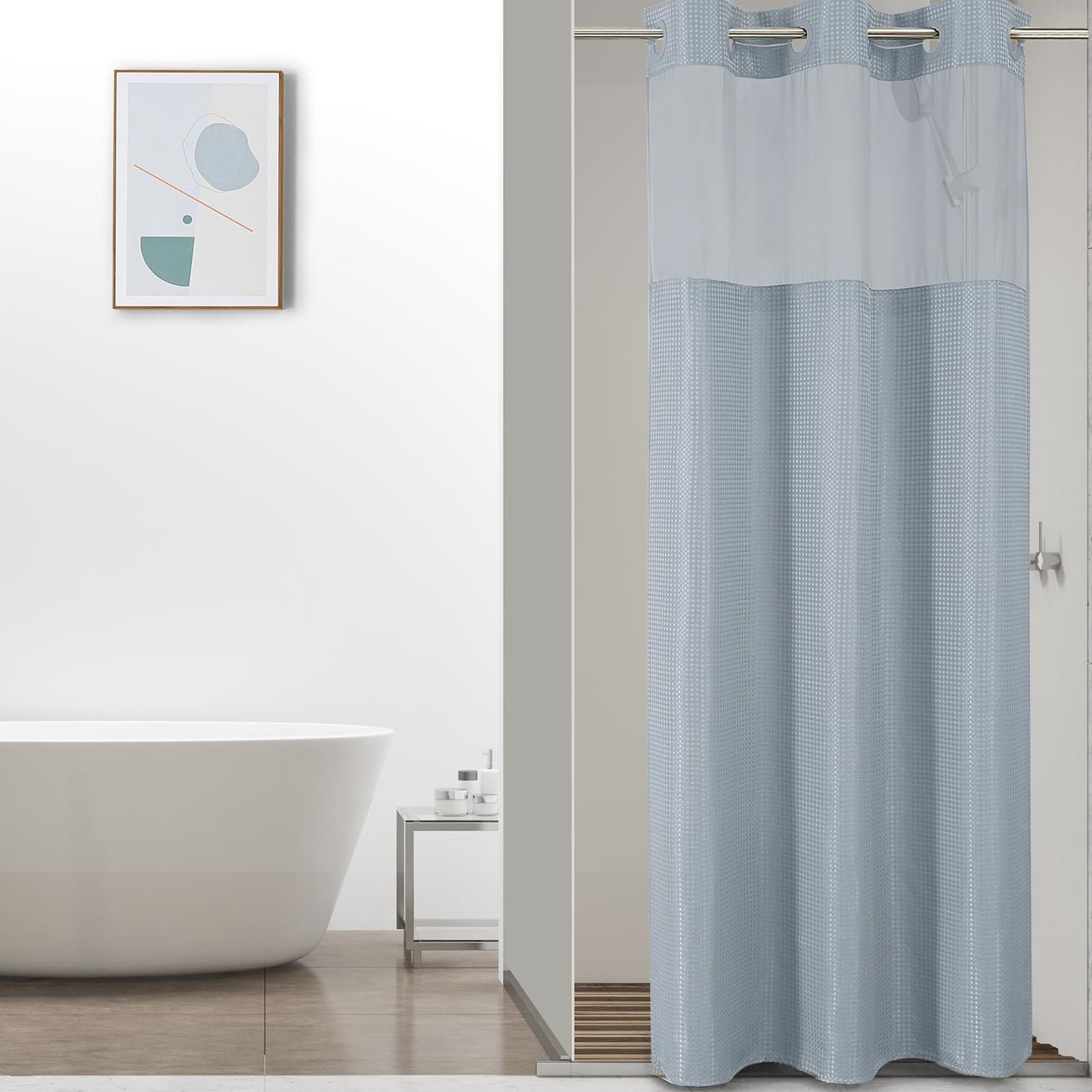 No-Hook Shower Curtain Set – Easy Install Waffle Fabric Curtain with Snap-In Waterproof Liner & Viewing Window