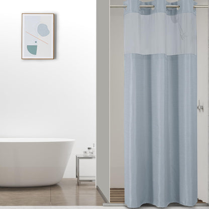 No-Hook Shower Curtain Set – Easy Install Waffle Fabric Curtain with Snap-In Waterproof Liner & Viewing Window