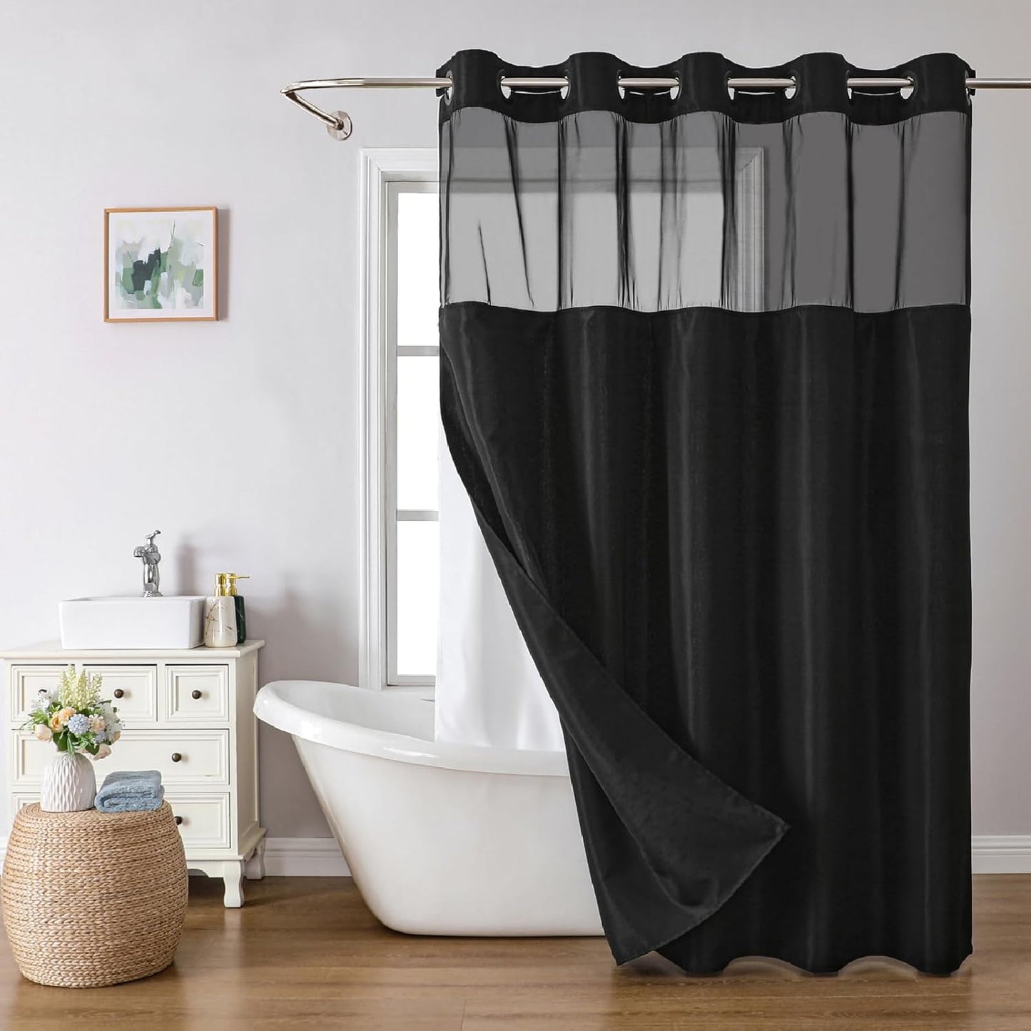 No-Hook Shower Curtain Set – Easy Install Waffle Fabric Curtain with Snap-In Waterproof Liner & Viewing Window