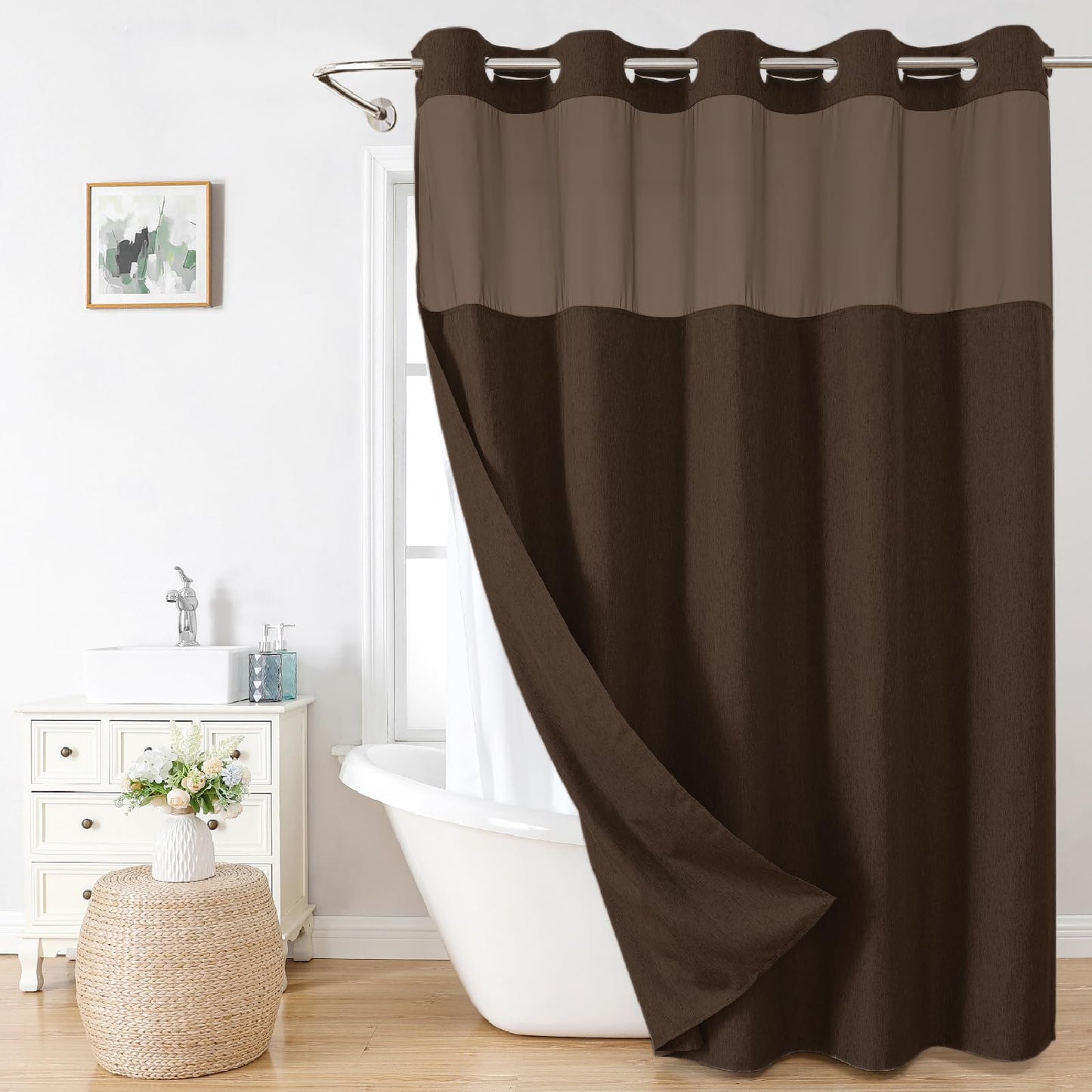 No-Hook Shower Curtain Set – Easy Install Waffle Fabric Curtain with Snap-In Waterproof Liner & Viewing Window