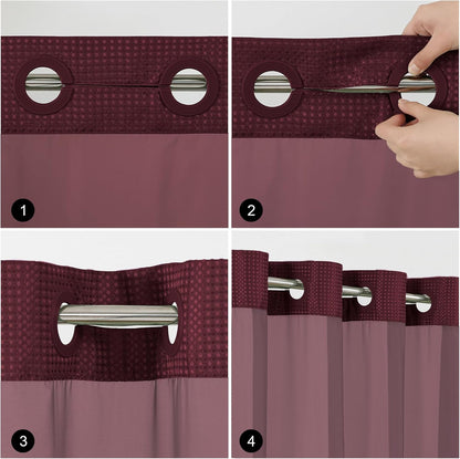 No-Hook Shower Curtain Set – Easy Install Waffle Fabric Curtain with Snap-In Waterproof Liner & Viewing Window