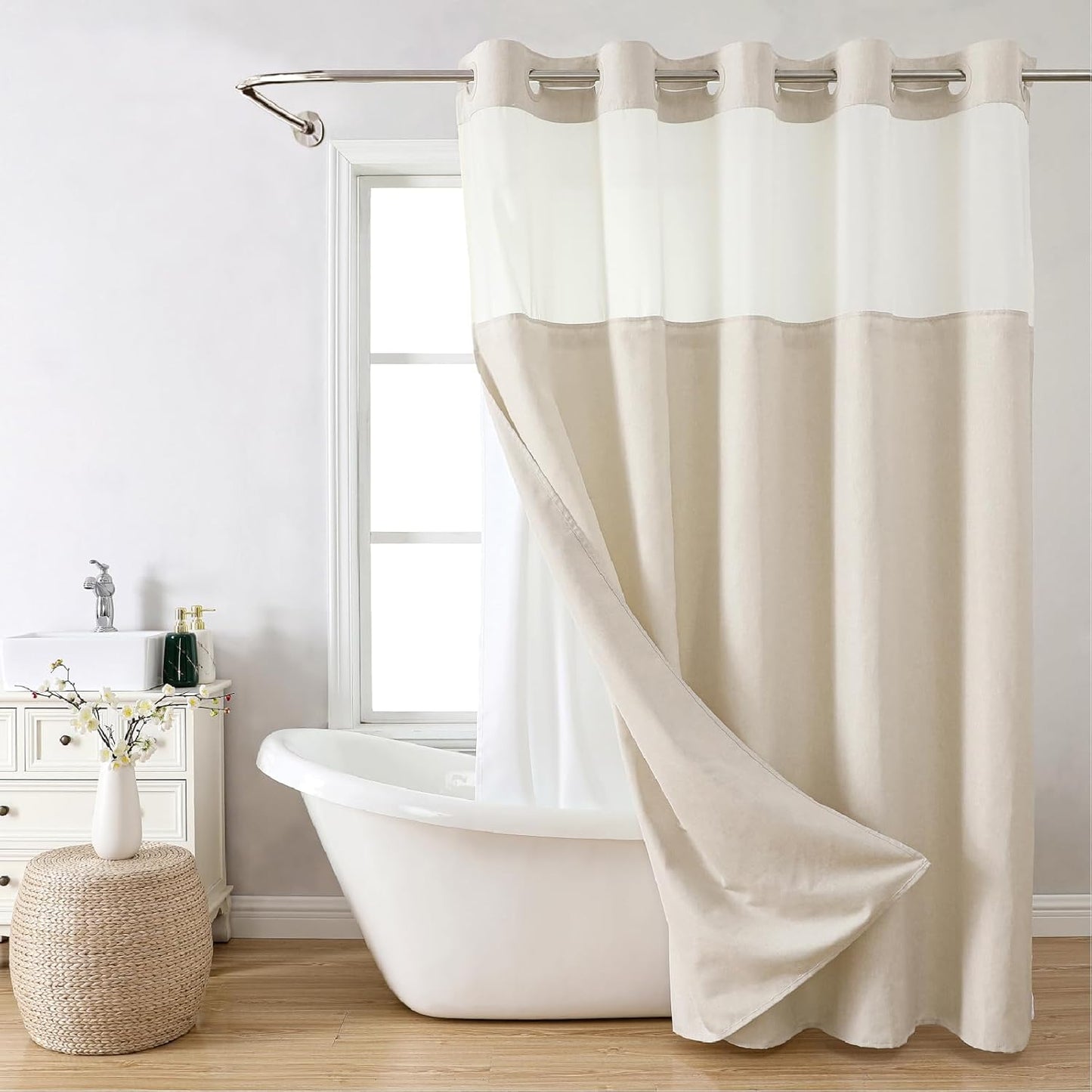 No-Hook Shower Curtain Set – Easy Install Waffle Fabric Curtain with Snap-In Waterproof Liner & Viewing Window