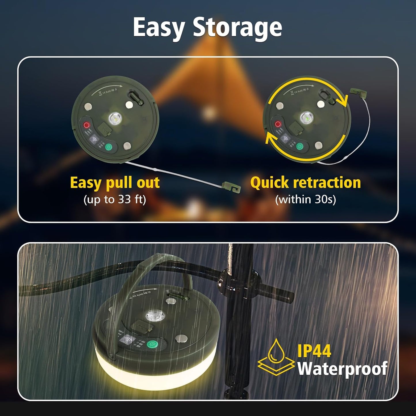 Ultimate Camping String Lights – 33FT Waterproof 100LED Tent Lights with Remote Control & Long-Lasting Rechargeable Battery