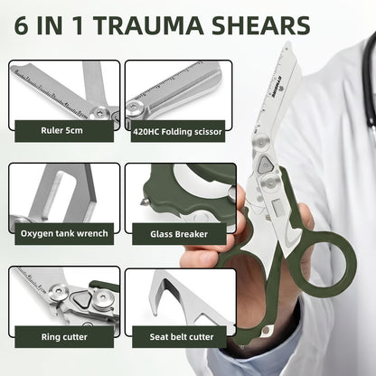 Tactical 6-in-1 Trauma Shears – Heavy Duty Foldable Emergency Scissors with Holster & Strap Cutter | Stainless Steel Survival Medical Shears