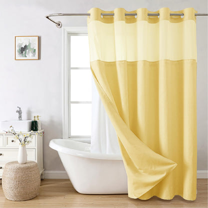 No-Hook Shower Curtain Set – Easy Install Waffle Fabric Curtain with Snap-In Waterproof Liner & Viewing Window