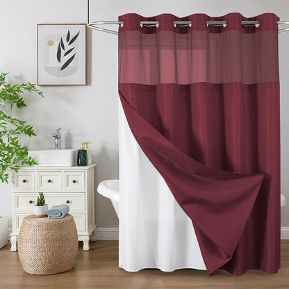 No-Hook Shower Curtain Set – Easy Install Waffle Fabric Curtain with Snap-In Waterproof Liner & Viewing Window