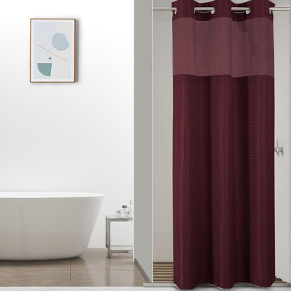 No-Hook Shower Curtain Set – Easy Install Waffle Fabric Curtain with Snap-In Waterproof Liner & Viewing Window