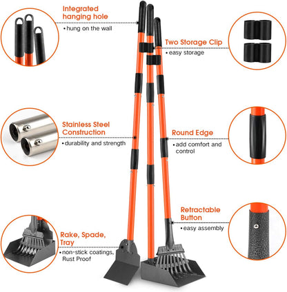 Heavy Duty Pooper Scooper for Dogs – Long Handle Detachable Rake, Tray & Spade Set | Easy Clean Waste Picker for Yard, Lawn & Outdoor Use