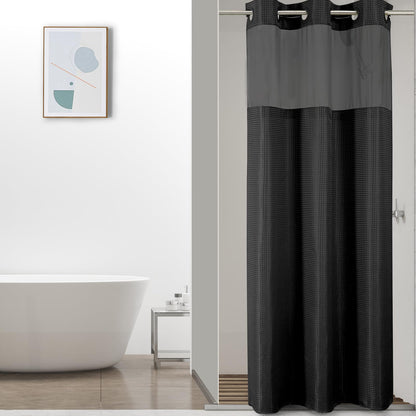 No-Hook Shower Curtain Set – Easy Install Waffle Fabric Curtain with Snap-In Waterproof Liner & Viewing Window