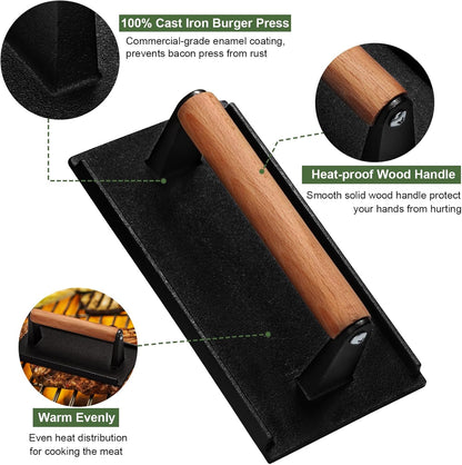Smash Burger Press Set – Heavy-Duty Cast Iron Grill Press for Perfect Burgers, Bacon, Steak & Sandwiches