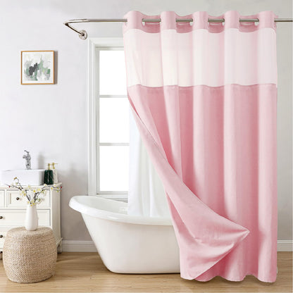 No-Hook Shower Curtain Set – Easy Install Waffle Fabric Curtain with Snap-In Waterproof Liner & Viewing Window