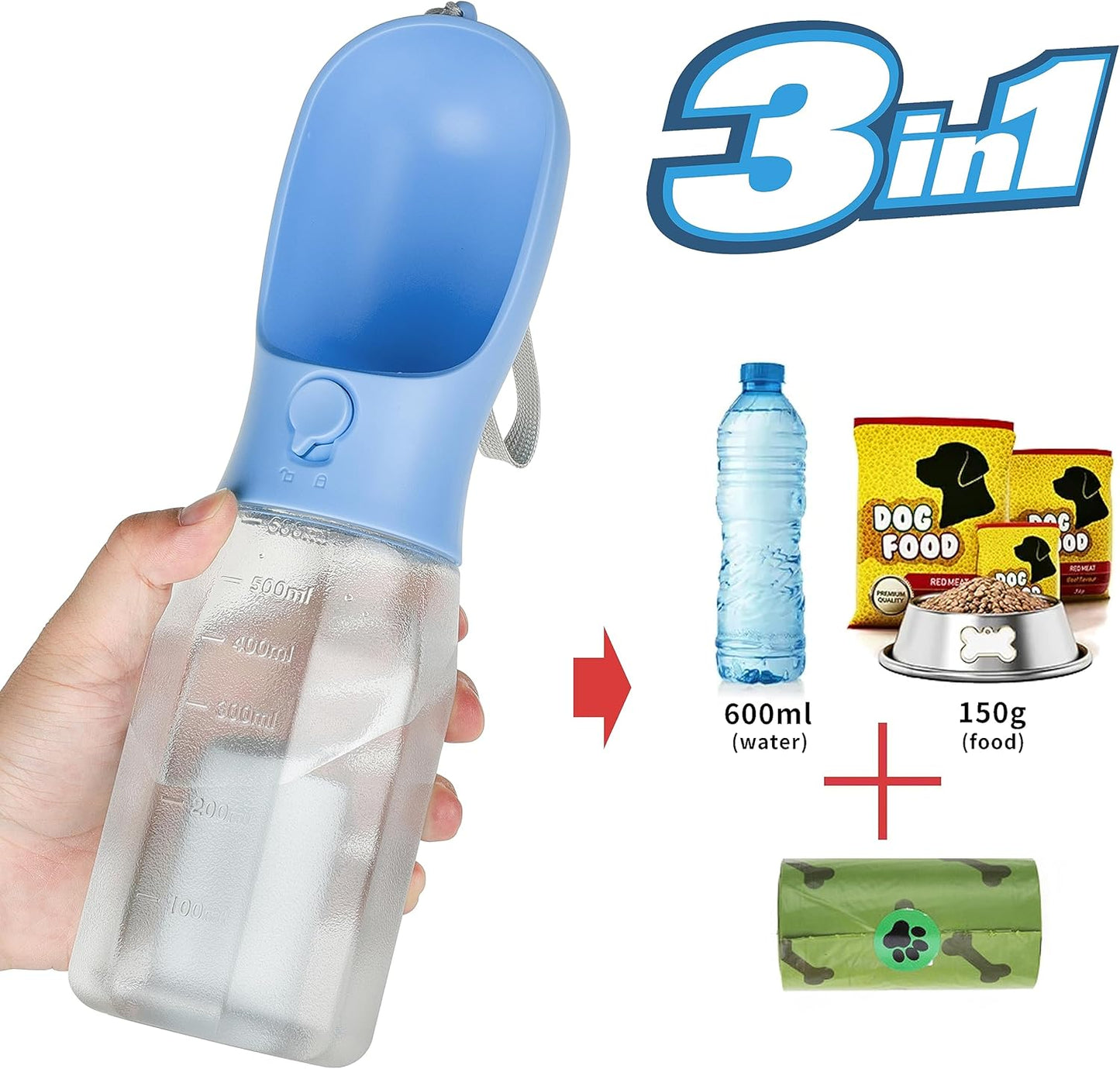 3-in-1 Dog Water Bottle – Portable Pet Water Dispenser with Food Container & Waste Bags for Walking, Hiking & Travel