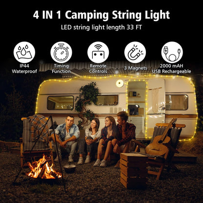 Ultimate Camping String Lights – 33FT Waterproof 100LED Tent Lights with Remote Control & Long-Lasting Rechargeable Battery