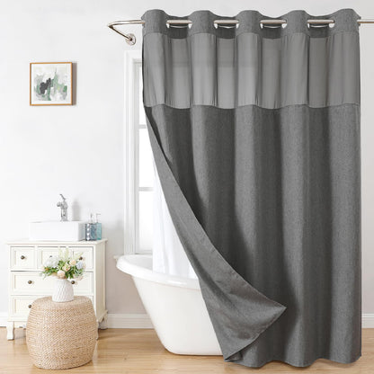 No-Hook Shower Curtain Set – Easy Install Waffle Fabric Curtain with Snap-In Waterproof Liner & Viewing Window