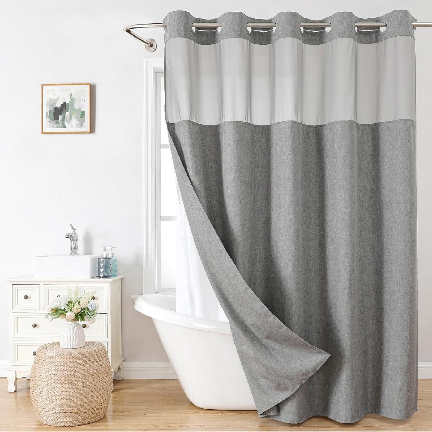 No-Hook Shower Curtain Set – Easy Install Waffle Fabric Curtain with Snap-In Waterproof Liner & Viewing Window