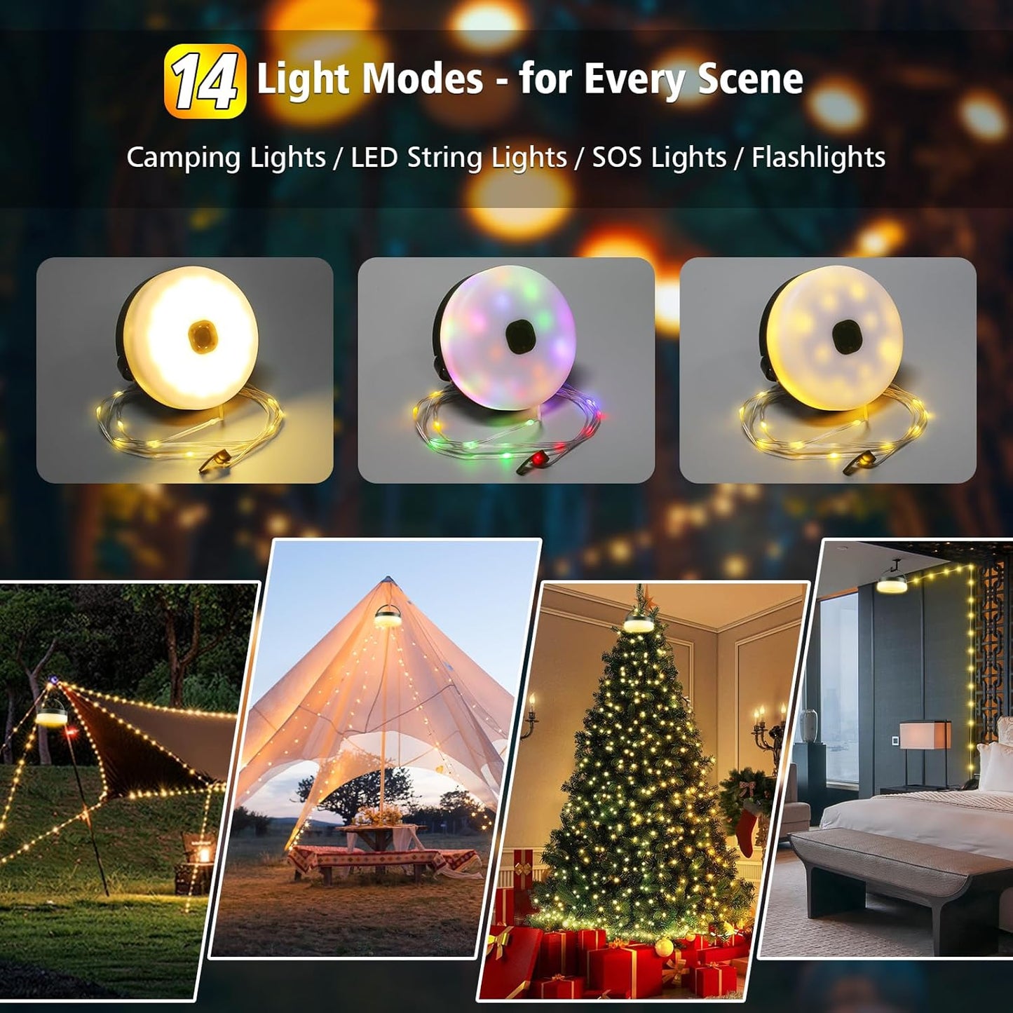 Ultimate Camping String Lights – 33FT Waterproof 100LED Tent Lights with Remote Control & Long-Lasting Rechargeable Battery