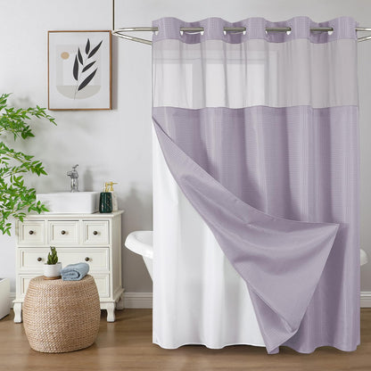 No-Hook Shower Curtain Set – Easy Install Waffle Fabric Curtain with Snap-In Waterproof Liner & Viewing Window