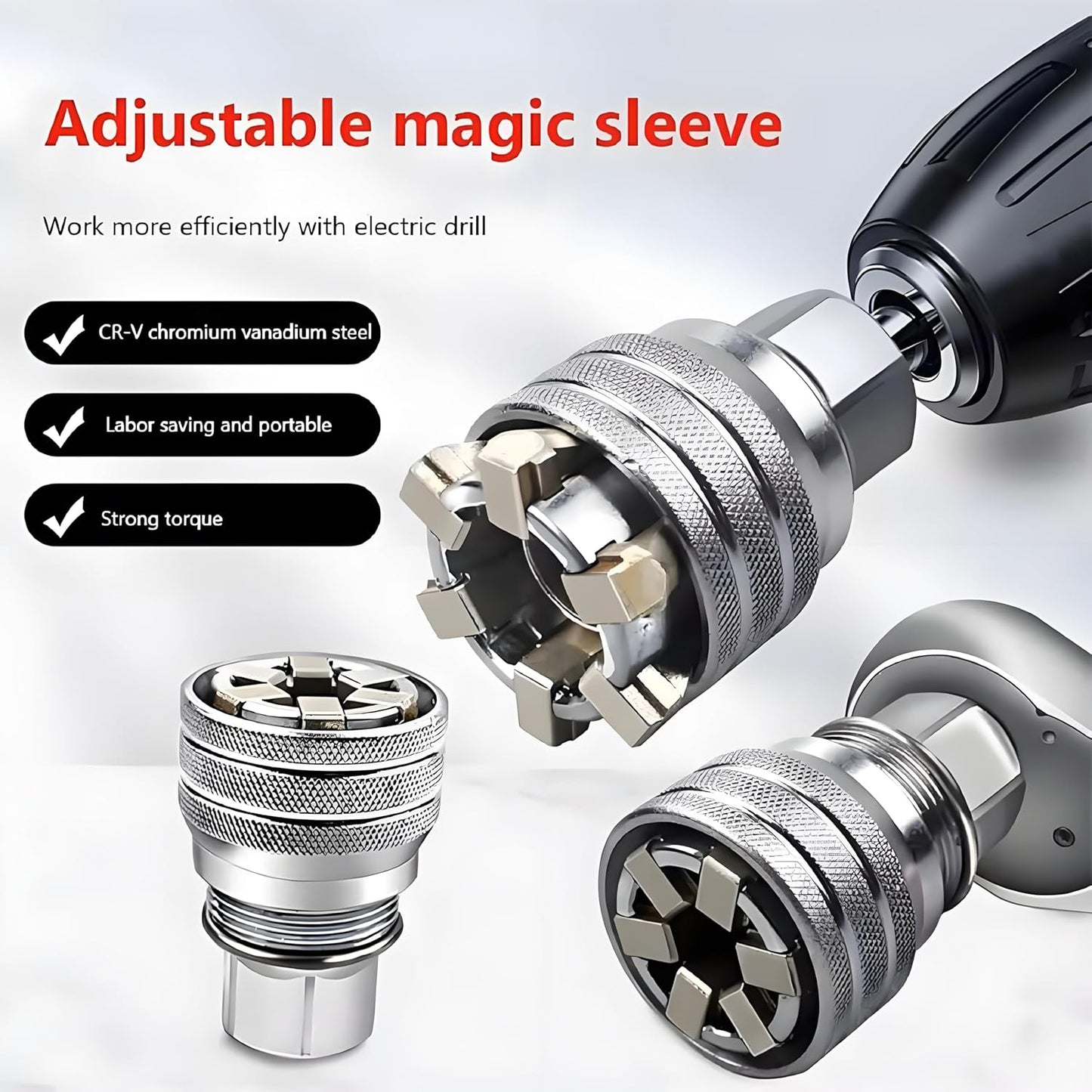 Upgraded Universal Socket Adapter – Multifunction Adjustable Socket Wrench Tool for 3/8" Drive Ratchets & Electric Drills