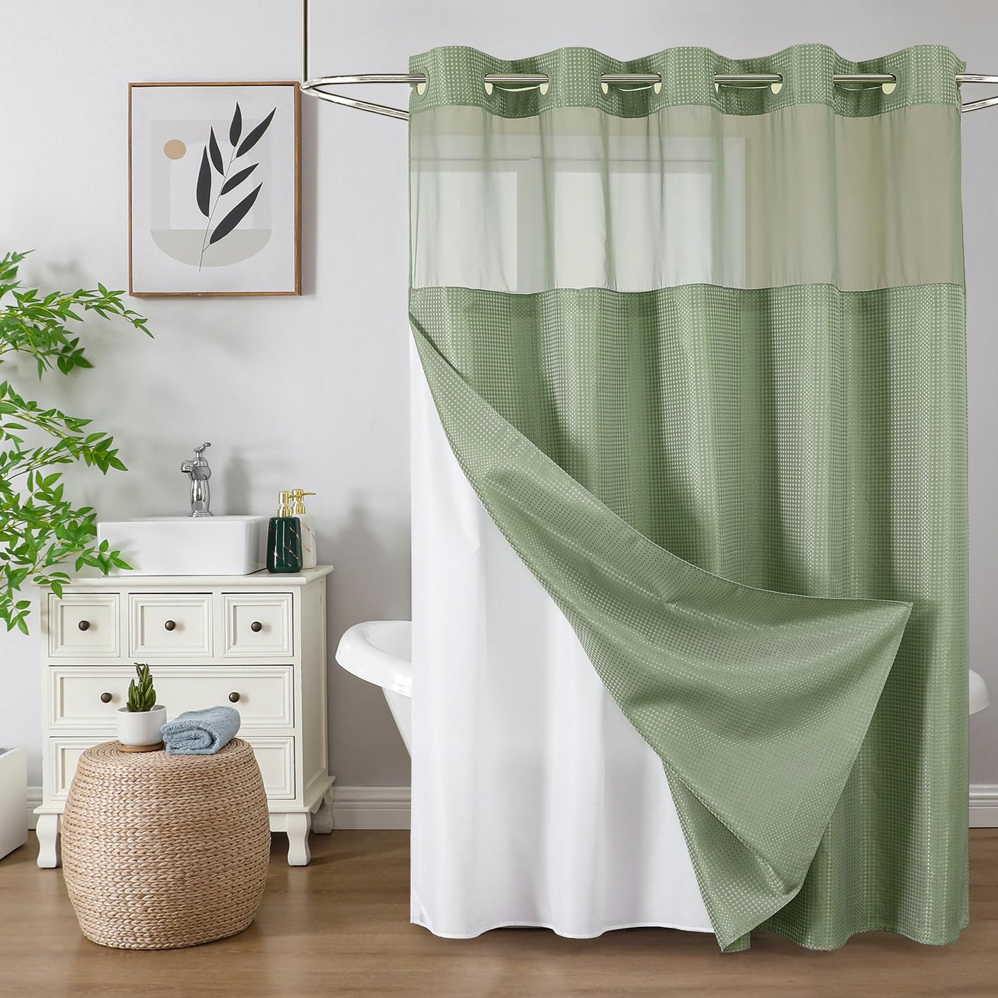 No-Hook Shower Curtain Set – Easy Install Waffle Fabric Curtain with Snap-In Waterproof Liner & Viewing Window